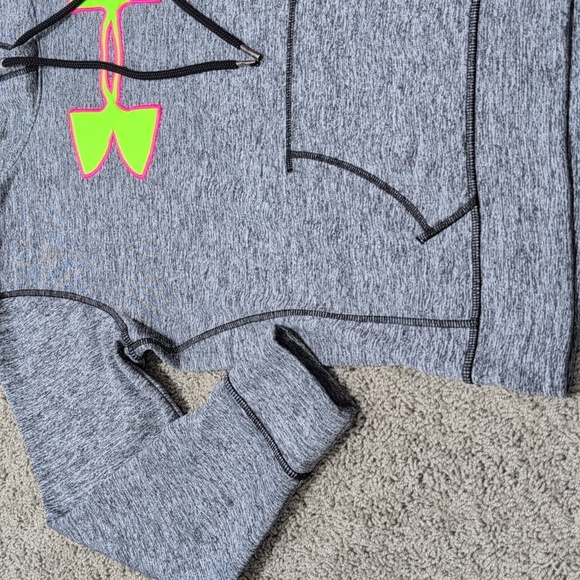 Under Armour Sweatshirt Heathered Gray Dri Fit Hoodie  Neon Green Logo Cold Gear - Picture 3 of 12